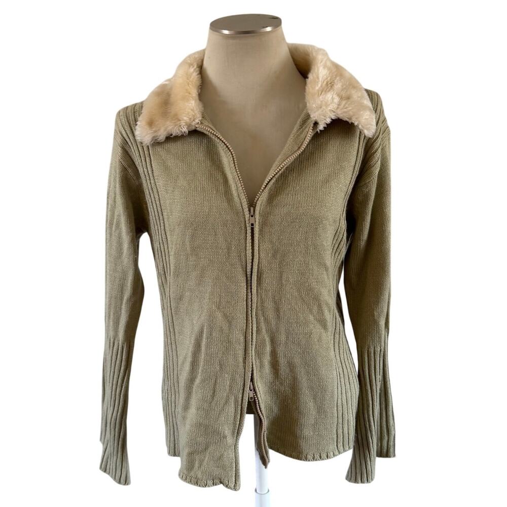 Vtg Y2K 2000s Tan Fur Collar Zip Knit Sweater Sz 2X Bratzcore Funky